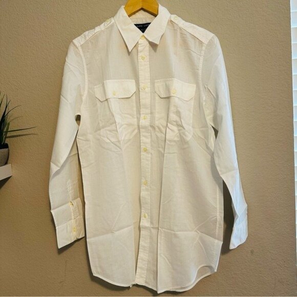 Vintage 90s Ralph Lauren Men’s White Cotton Dress Shirt - Size Medium